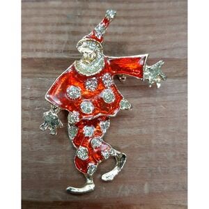 Clown Brooch Pin Gold Tone Red Enameled Dangle Jester Circus Carnival Jewelry